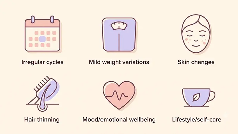 Six overlooked PCOS symptoms: irregular cycles, weight variations, skin changes, hair thinning, mood and emotional wellbeing, and lifestyle self-care